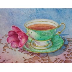 Laura Leeder Watercolor Print Note Cards - Cup of Hope, Pink Garden Tea 2013